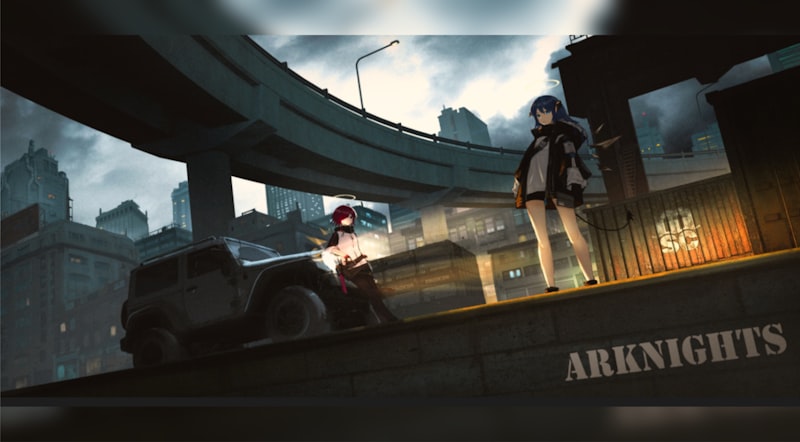 Two figures stand in a futuristic city setting.