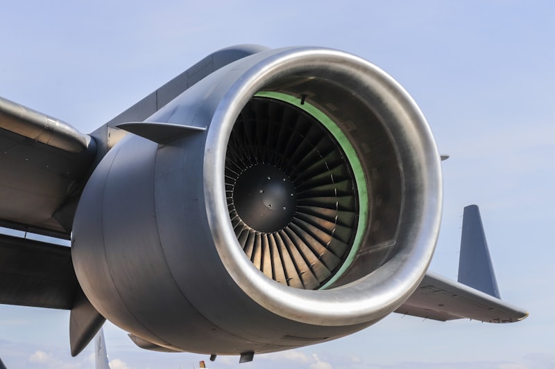 Close-up of a powerful jet engine on an airplane.
