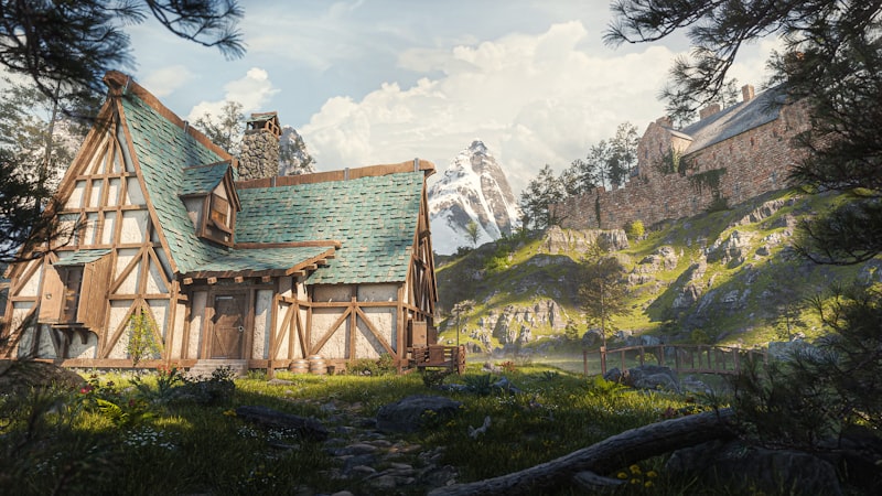 A picture of a house in the woods