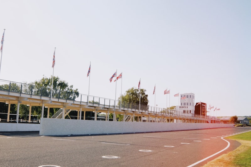 Race track with viewing stand and tower.