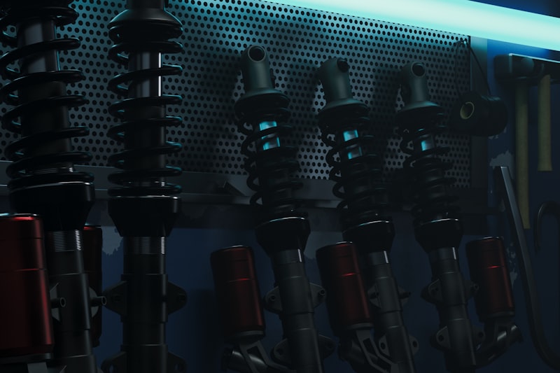 Shock absorbers are hanging on a wall.