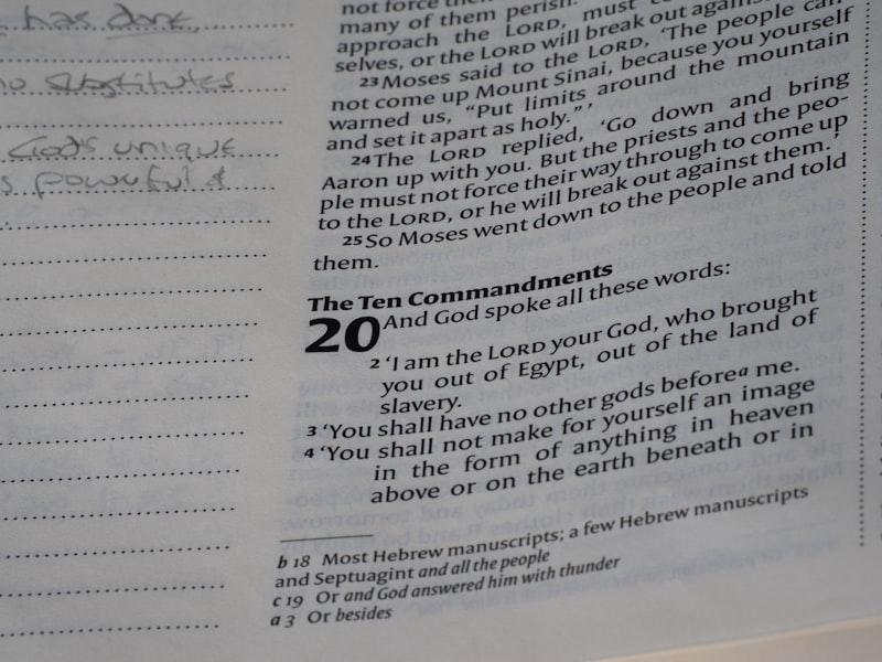 Close-up of the ten commandments in a book.