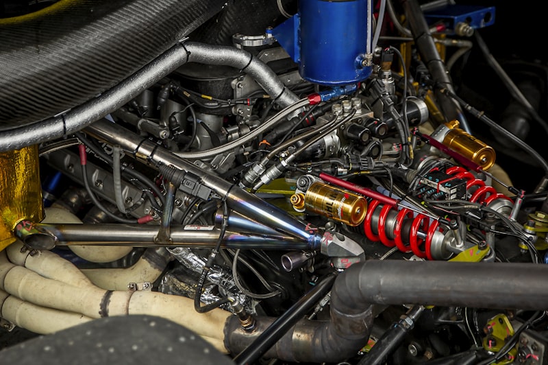 a close up view of the engine of a racing car