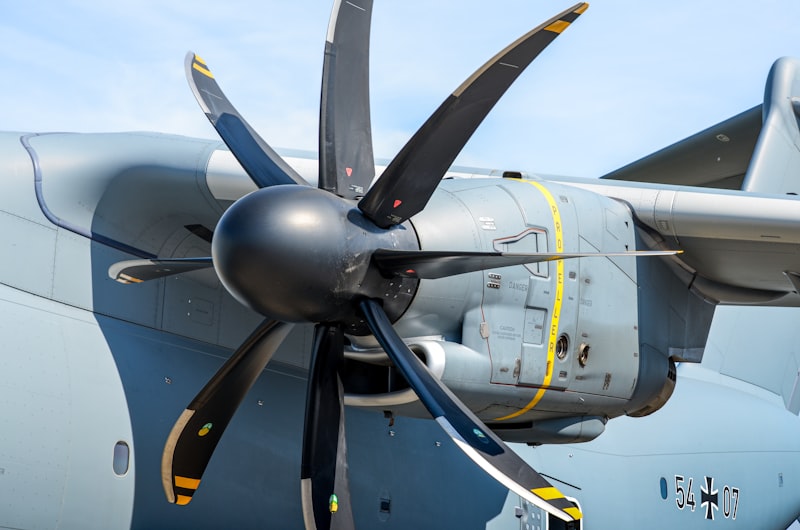 Close-up of a large airplane propeller and engine